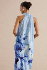 Sancelle | Blue Border Floral Print Matte Satin Halter-Neck Top
