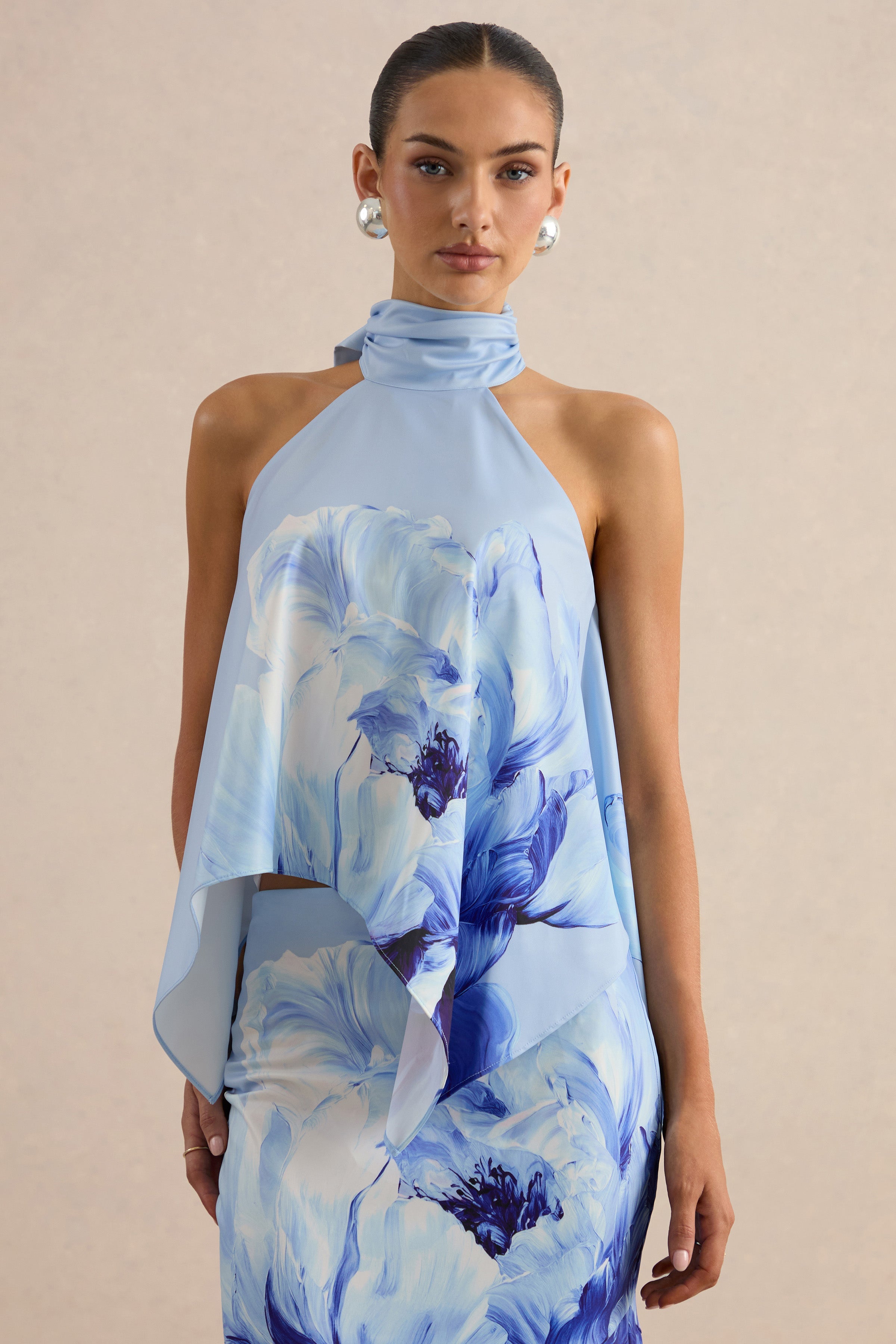 Sancelle | Blue Border Floral Print Matte Satin Halter-Neck Top