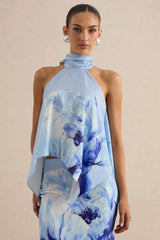 Sancelle | Blue Border Floral Print Matte Satin Halter-Neck Top