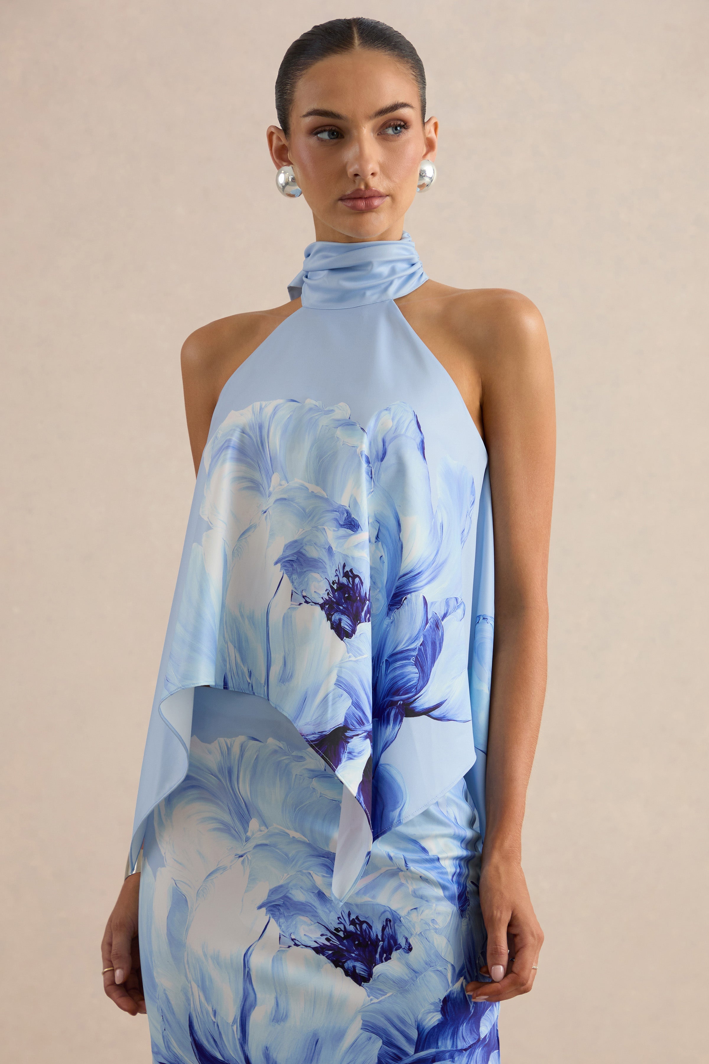 Sancelle | Blue Border Floral Print Matte Satin Halter-Neck Top
