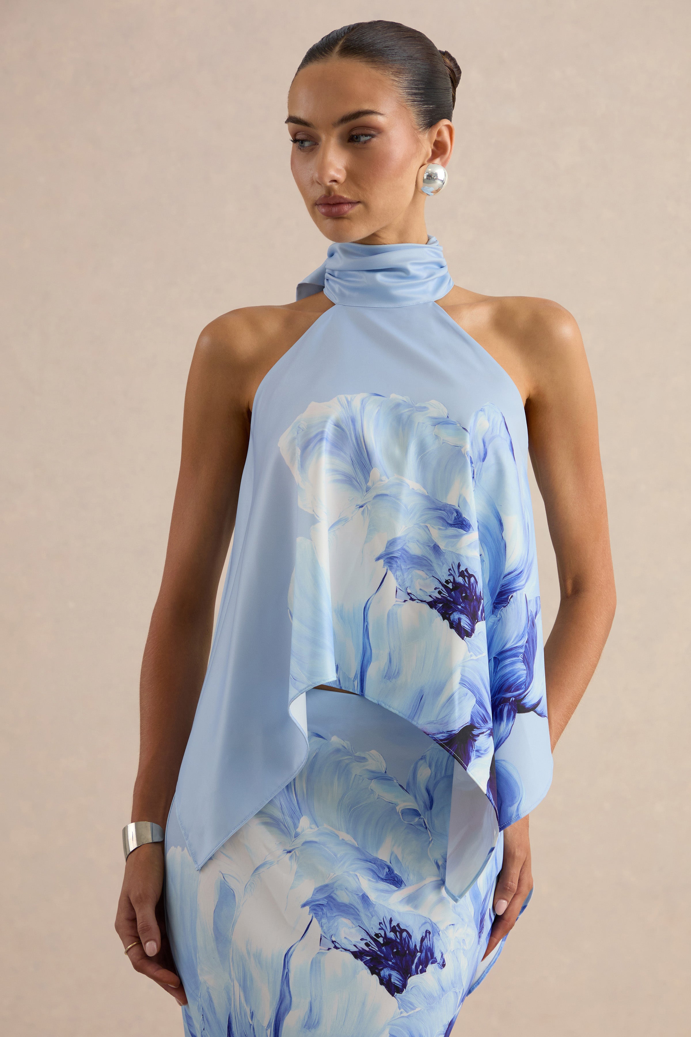 Sancelle | Blue Border Floral Print Matte Satin Halter-Neck Top
