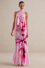 Sancelle | Pink Border Floral Print Matte Satin Halter-Neck Top
