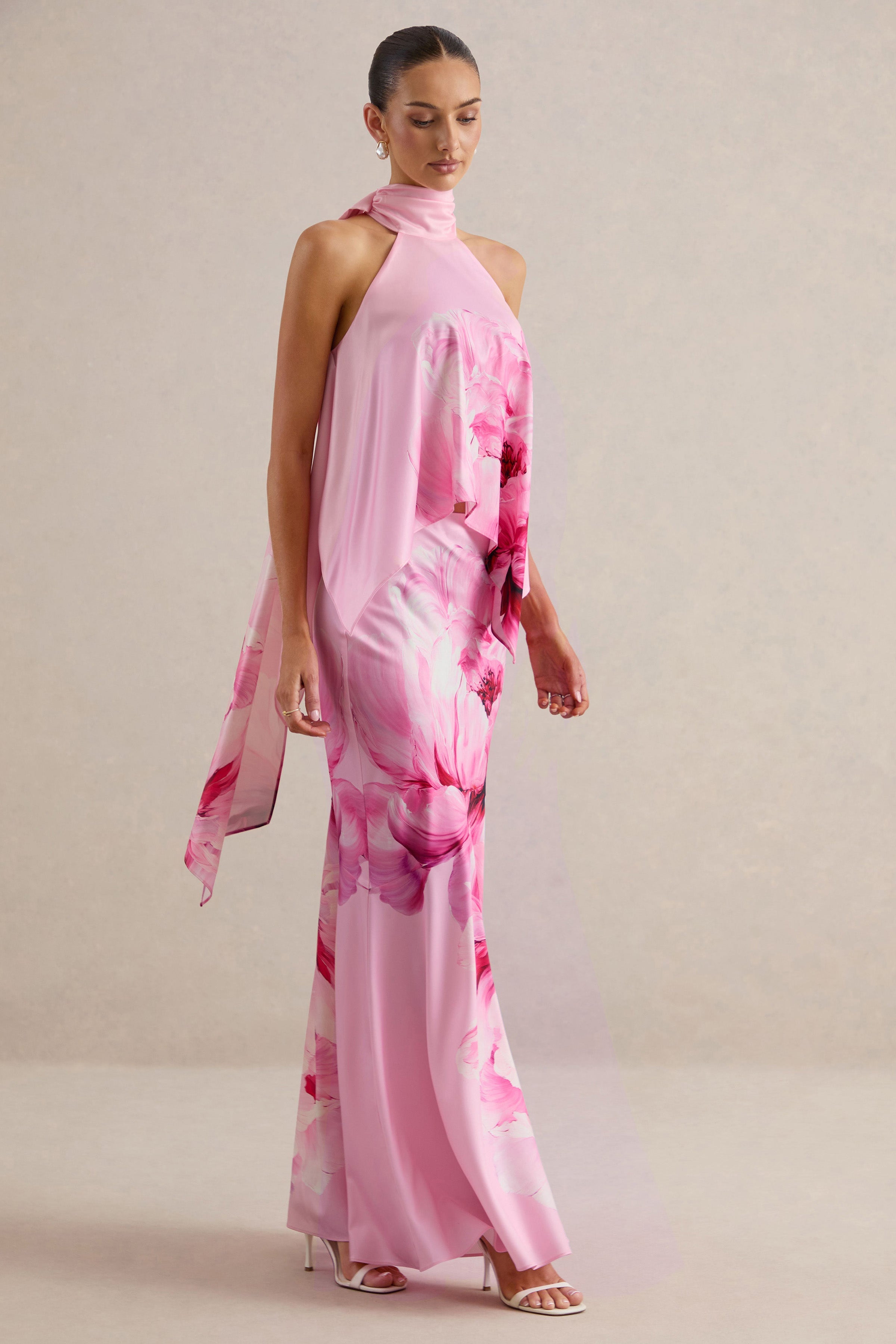 Sancelle | Pink Border Floral Print Matte Satin Halter-Neck Top