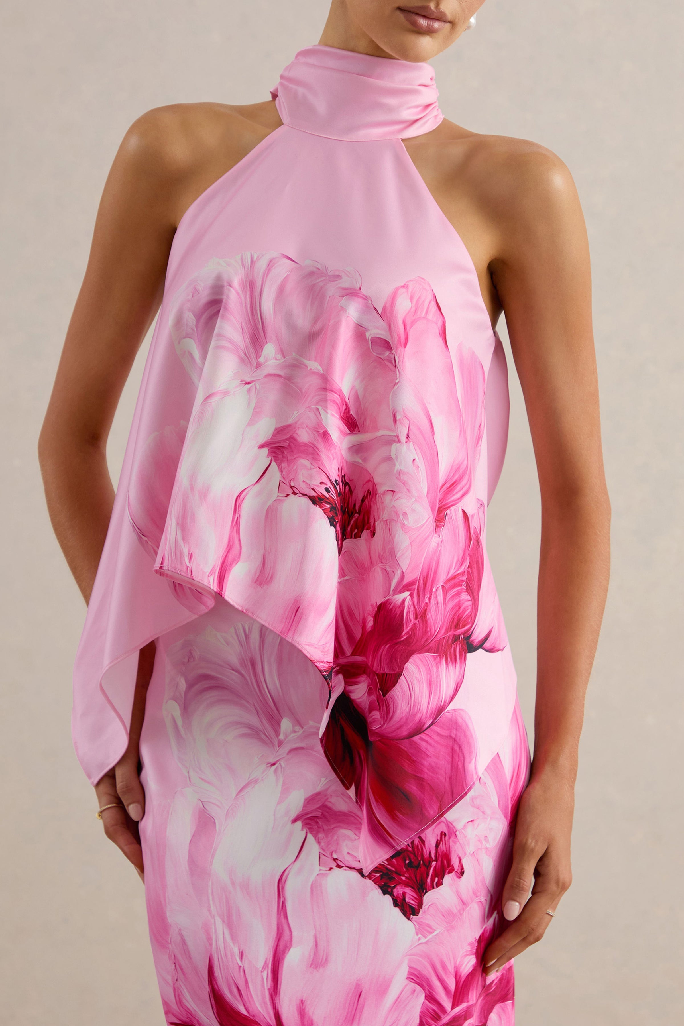 Sancelle | Pink Border Floral Print Matte Satin Halter-Neck Top