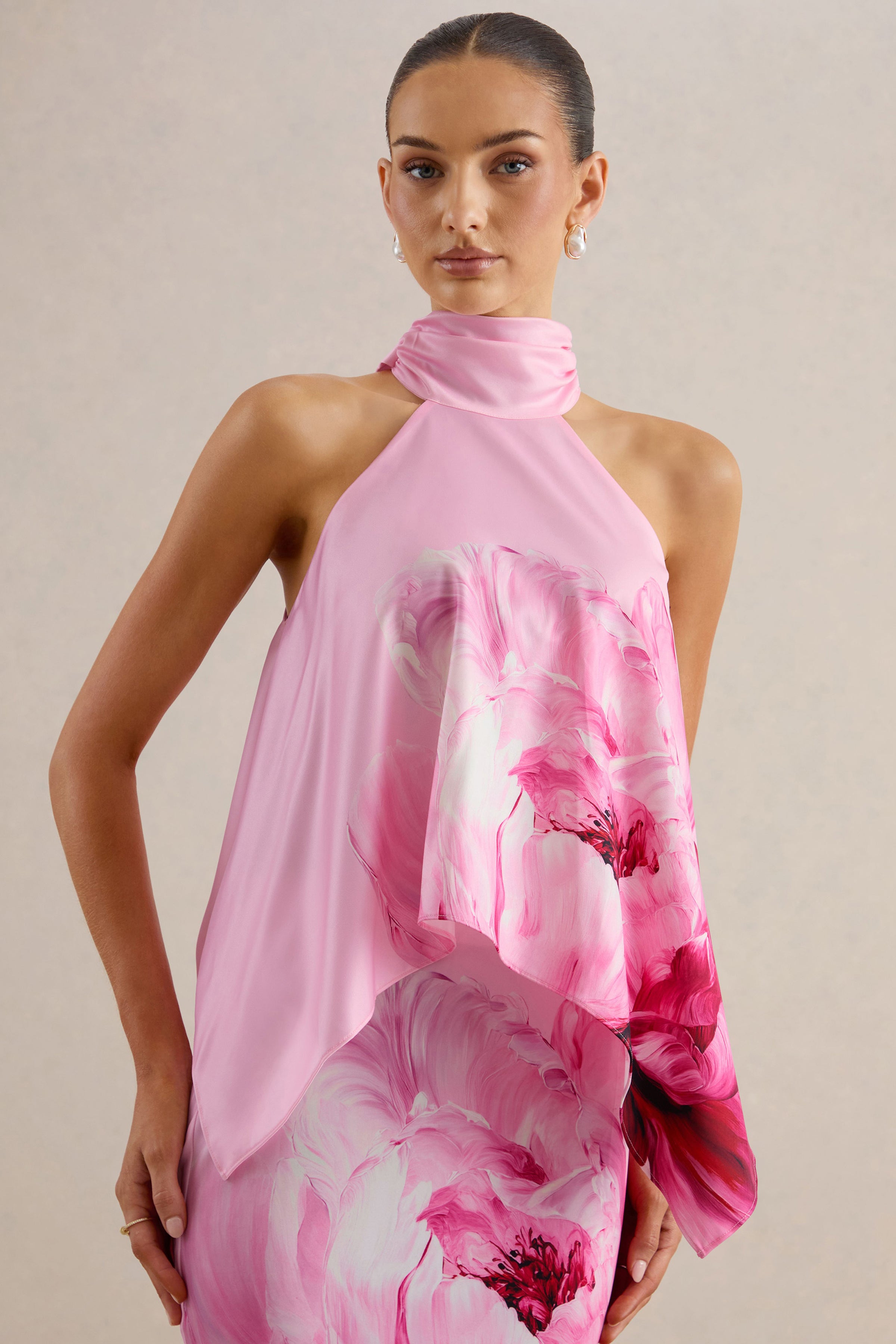 Sancelle | Pink Border Floral Print Matte Satin Halter-Neck Top