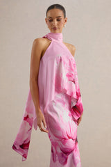 Sancelle | Pink Border Floral Print Matte Satin Halter-Neck Top