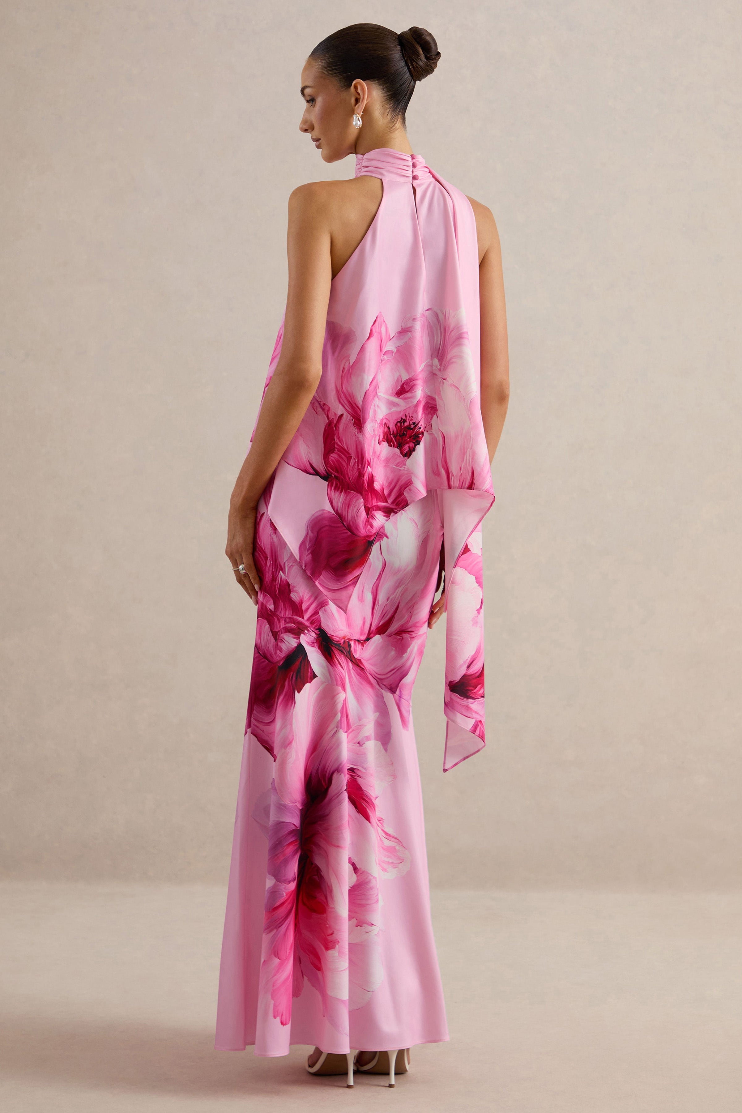 Sancelle | Pink Border Floral Print Matte Satin Halter-Neck Top