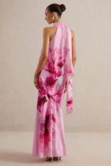 Sancelle | Pink Border Floral Print Matte Satin Halter-Neck Top