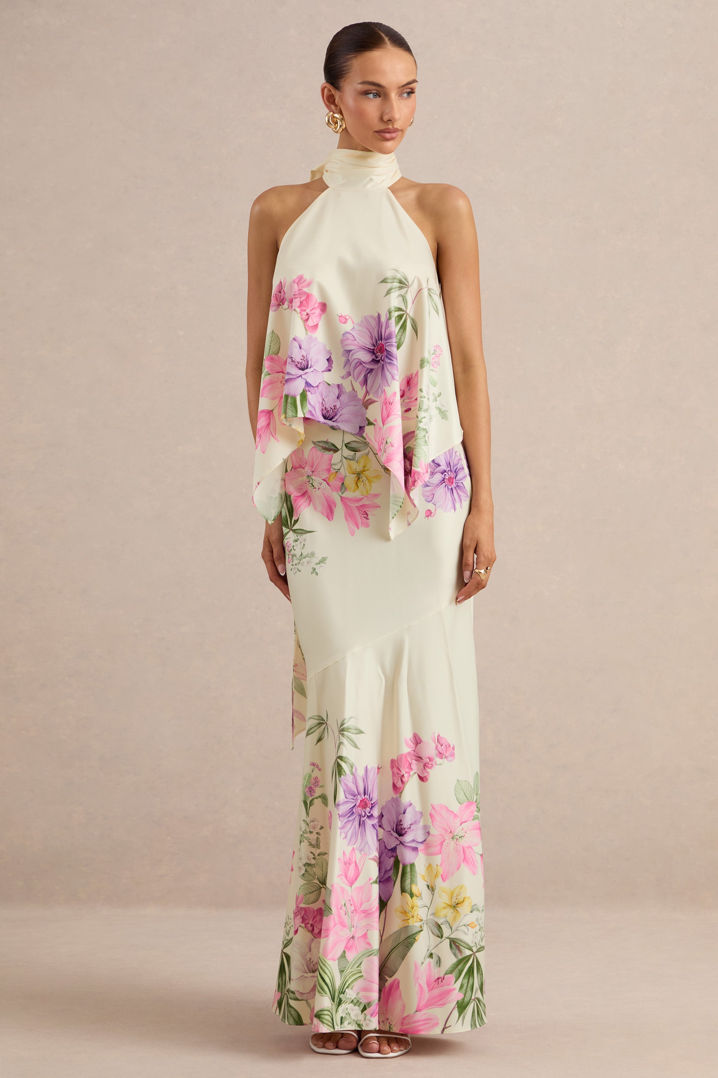 Sancelle | Cream Border Floral Print Matte Satin Halter-Neck Top