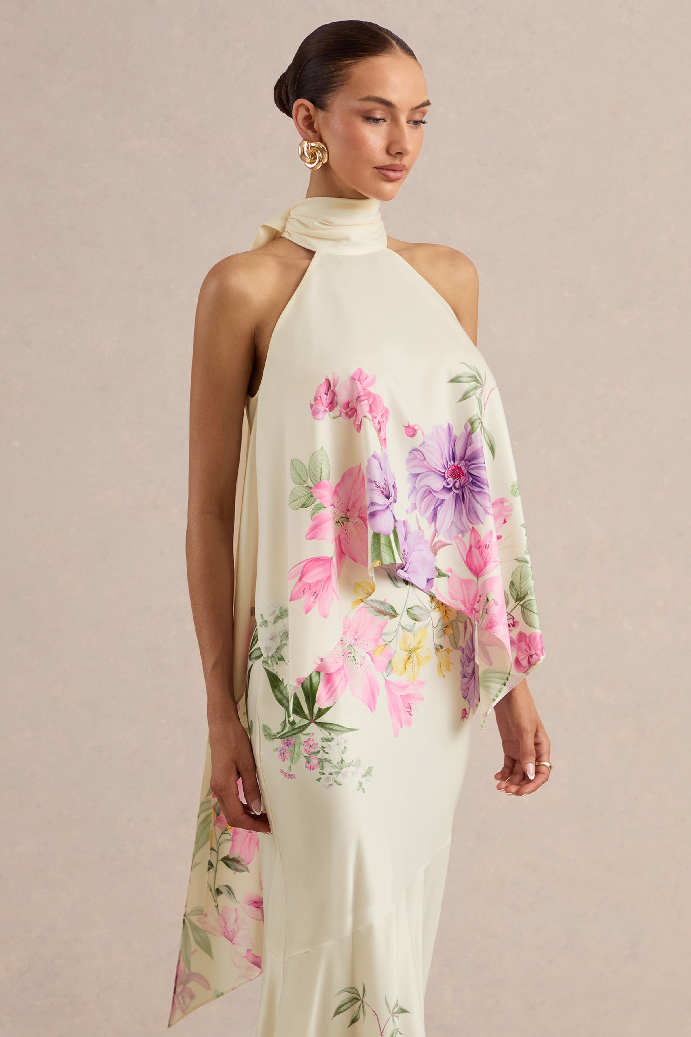Sancelle | Cream Border Floral Print Matte Satin Halter-Neck Top