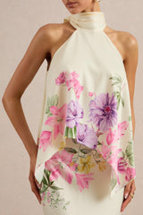 Sancelle | Cream Border Floral Print Matte Satin Halter-Neck Top