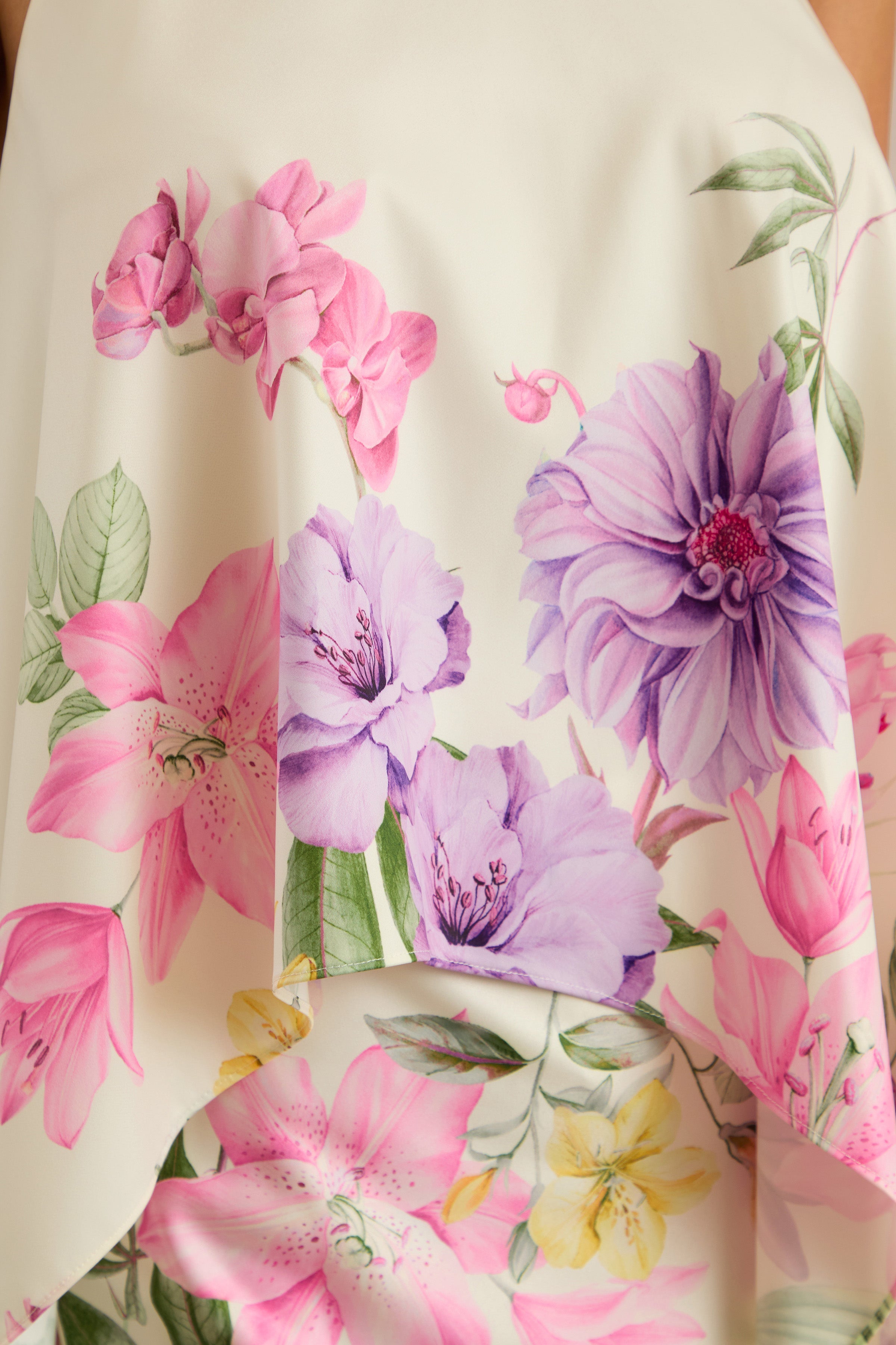 Sancelle | Cream Border Floral Print Matte Satin Halter-Neck Top