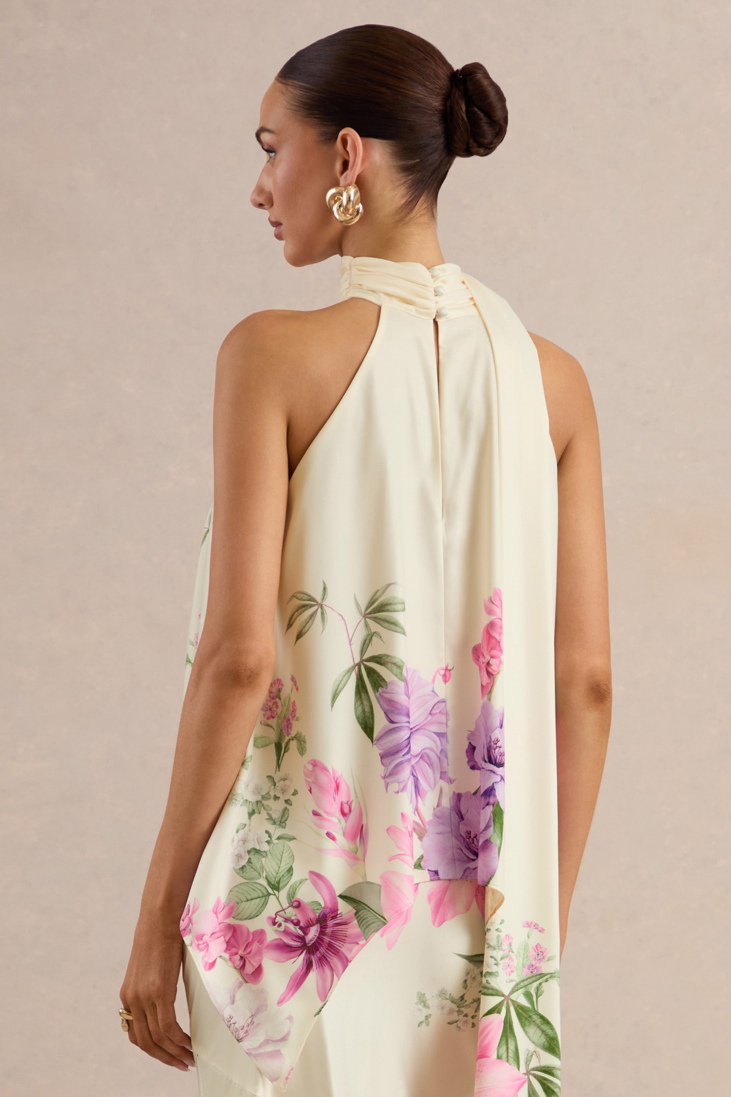 Sancelle | Cream Border Floral Print Matte Satin Halter-Neck Top
