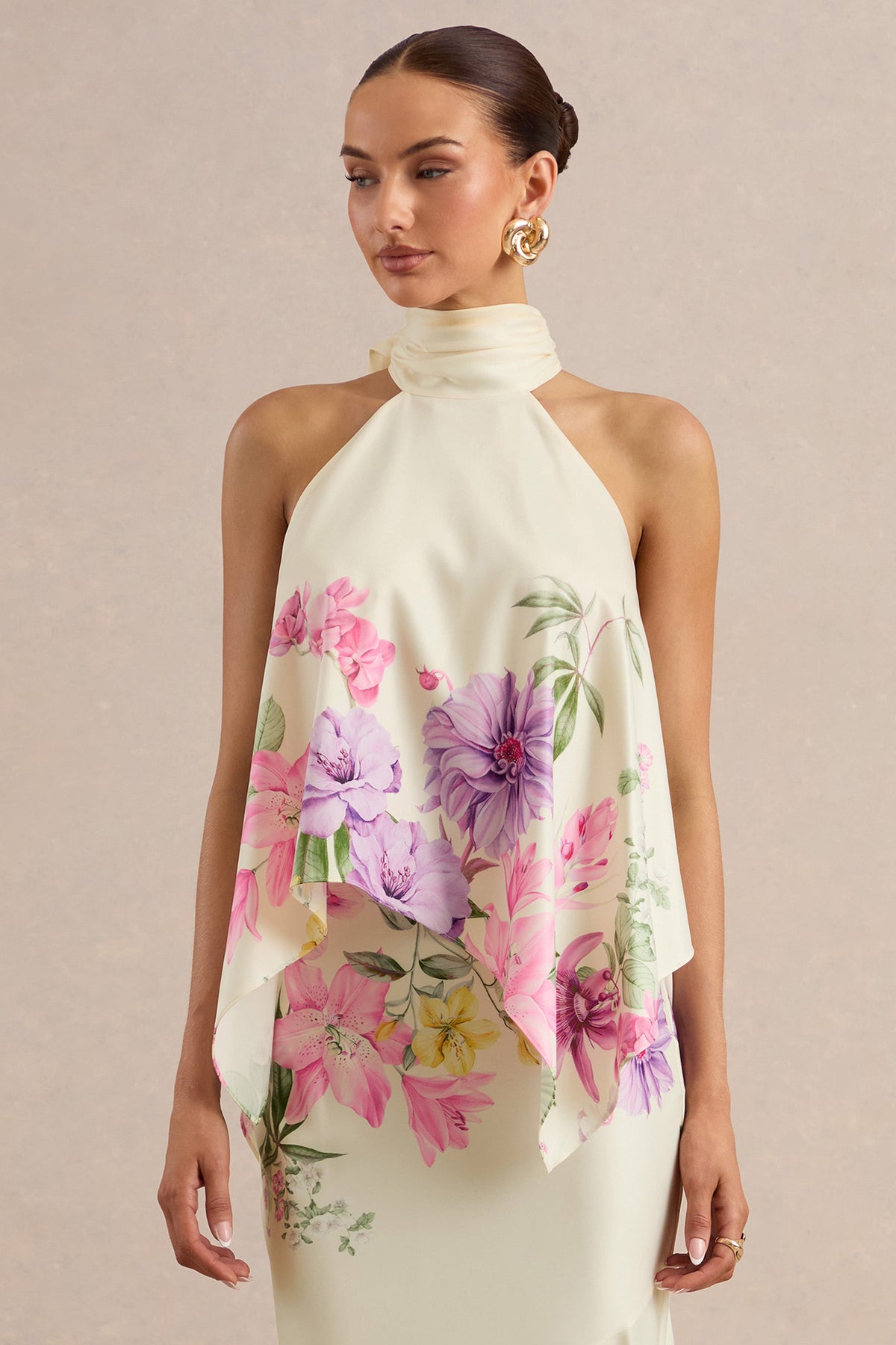 Sancelle | Cream Border Floral Print Matte Satin Halter-Neck Top