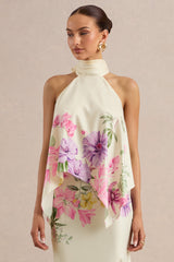 Sancelle | Cream Border Floral Print Matte Satin Halter-Neck Top