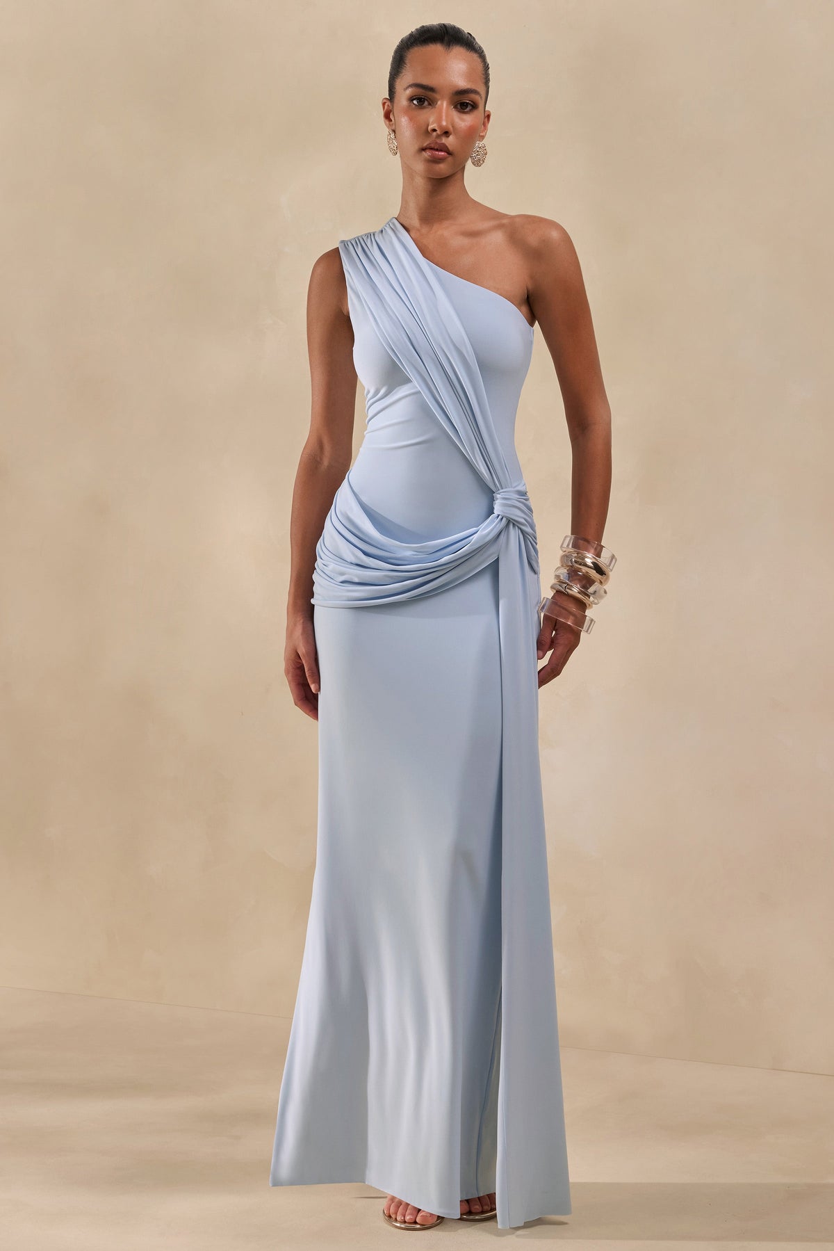 Lunoria | Powder Blue Asymmetric-Neck Maxi Dress With Gathered-Detailing