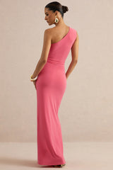Lunoria | Coral Asymmetric-Neck Maxi Dress With Gathered-Detailing