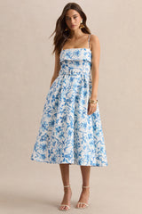 Devina | Blue Porcelain Print Square-Neck Belted Midi-Dress