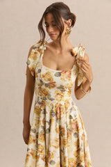 Mena | Lemon Rose Print Square-Neck Midi Dress With Bow Sleeves
