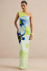 Niya | Lime And Blue Floral Placement Print Asymmetric-Neck Maxi Dress