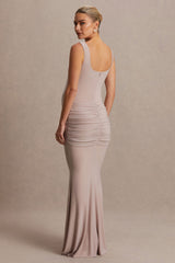 Baylin | Nude Square-Neck Maternity Maxi Dress With Ruched Detailing And Sash
