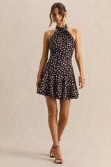 Florence | Brown and White Satin Halter-Neck Mini Dress