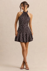 Florence | Brown and White Satin Halter-Neck Mini Dress