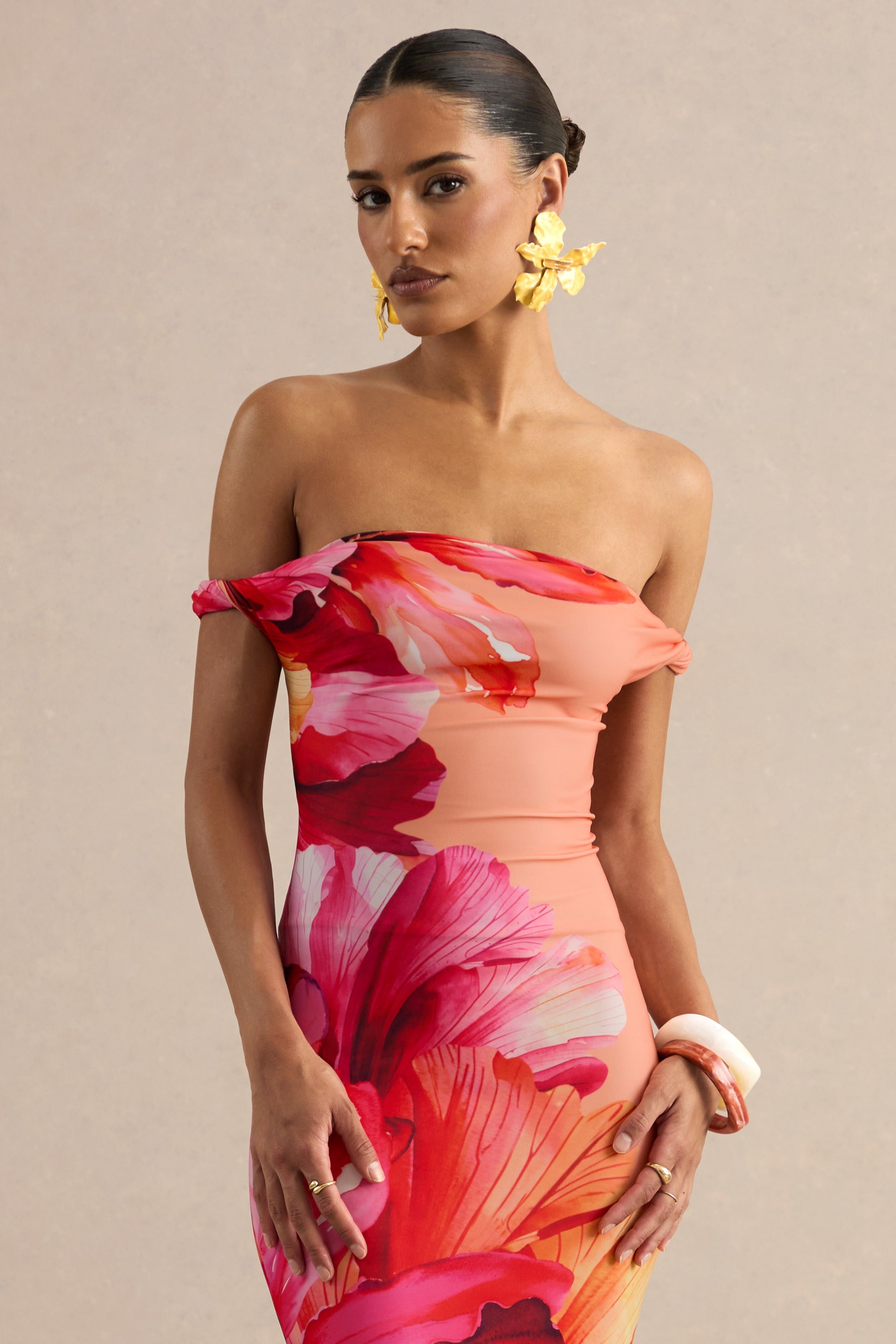 Katia | Hot Pink Placement Floral Print Asymmetric-Neck Maxi Dress