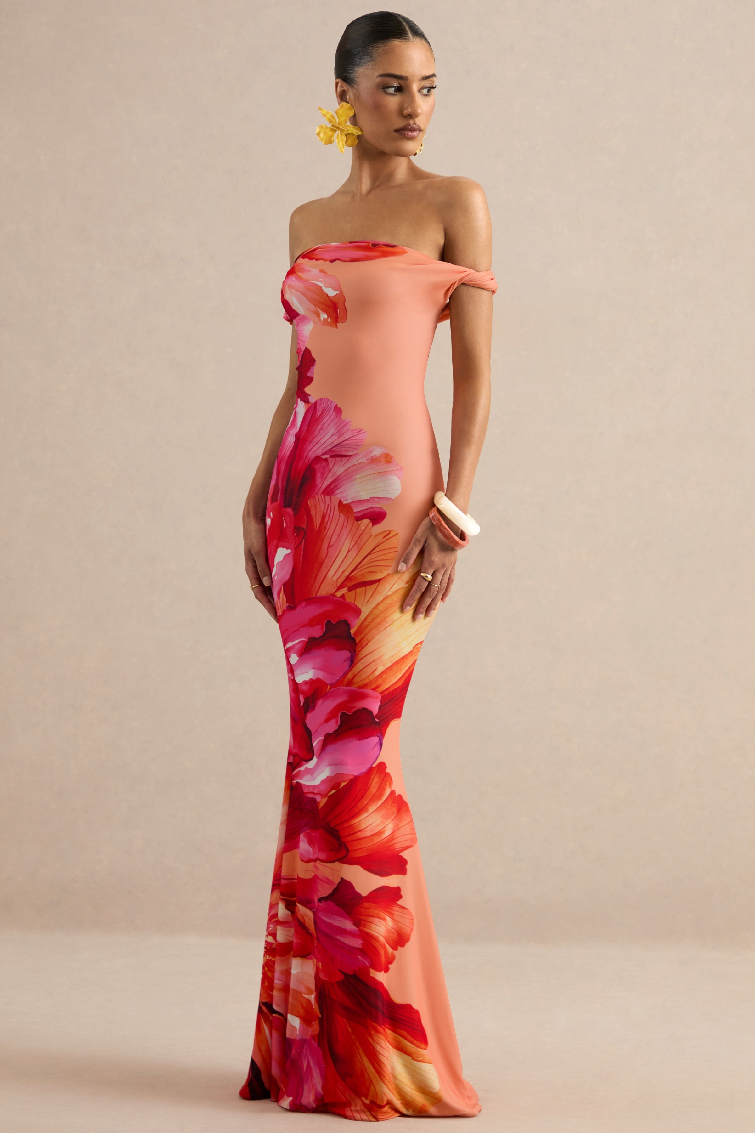 Katia | Hot Pink Placement Floral Print Asymmetric-Neck Maxi Dress