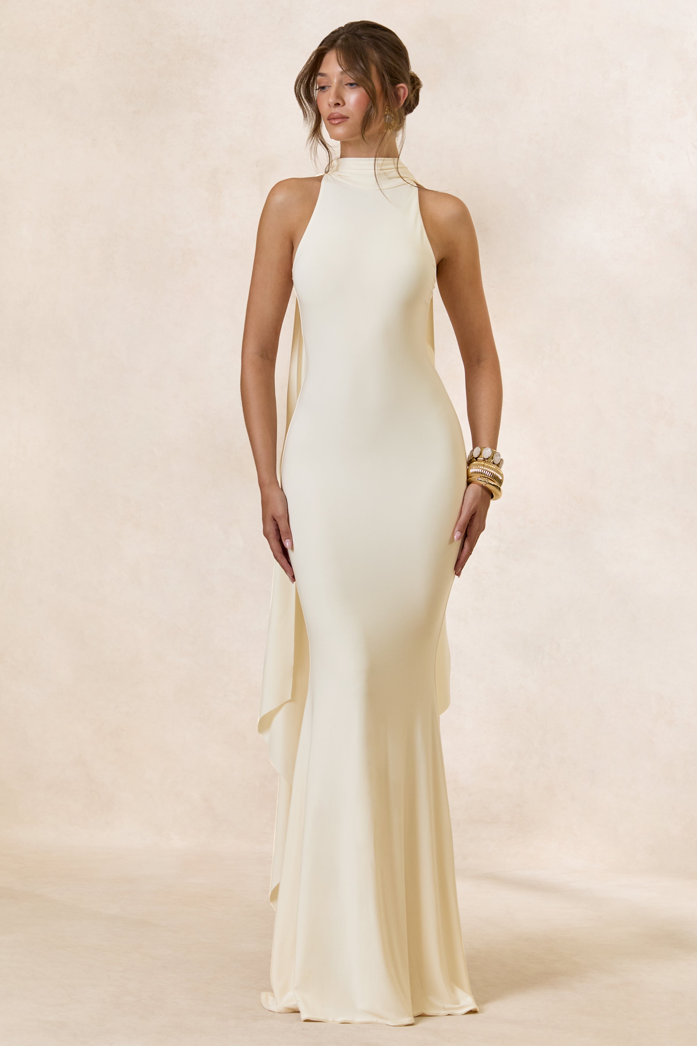 Cordy | Cream High-Neck Maxi Dress With Cape
