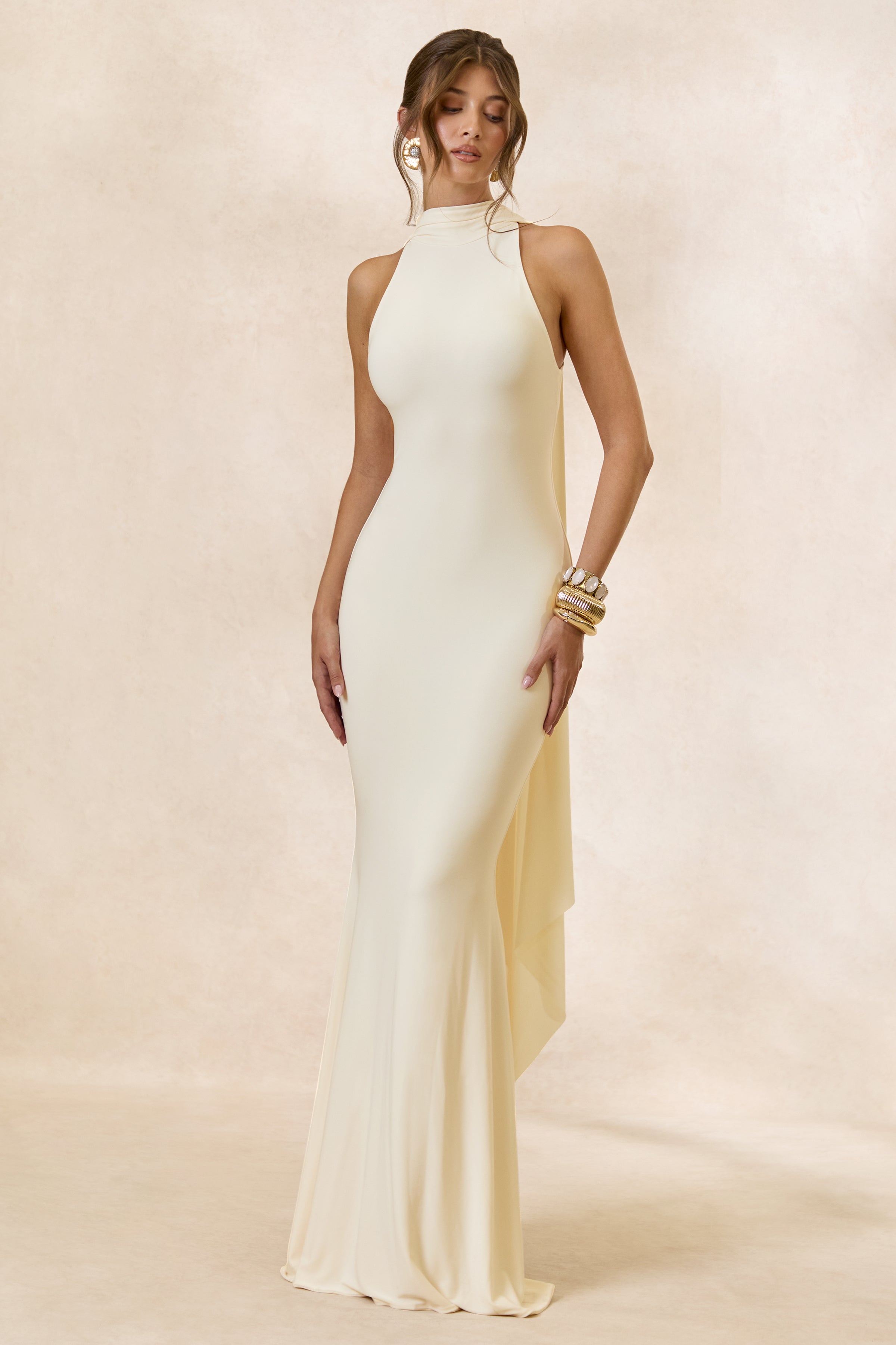 Cordy | Cream High-Neck Maxi Dress With Cape