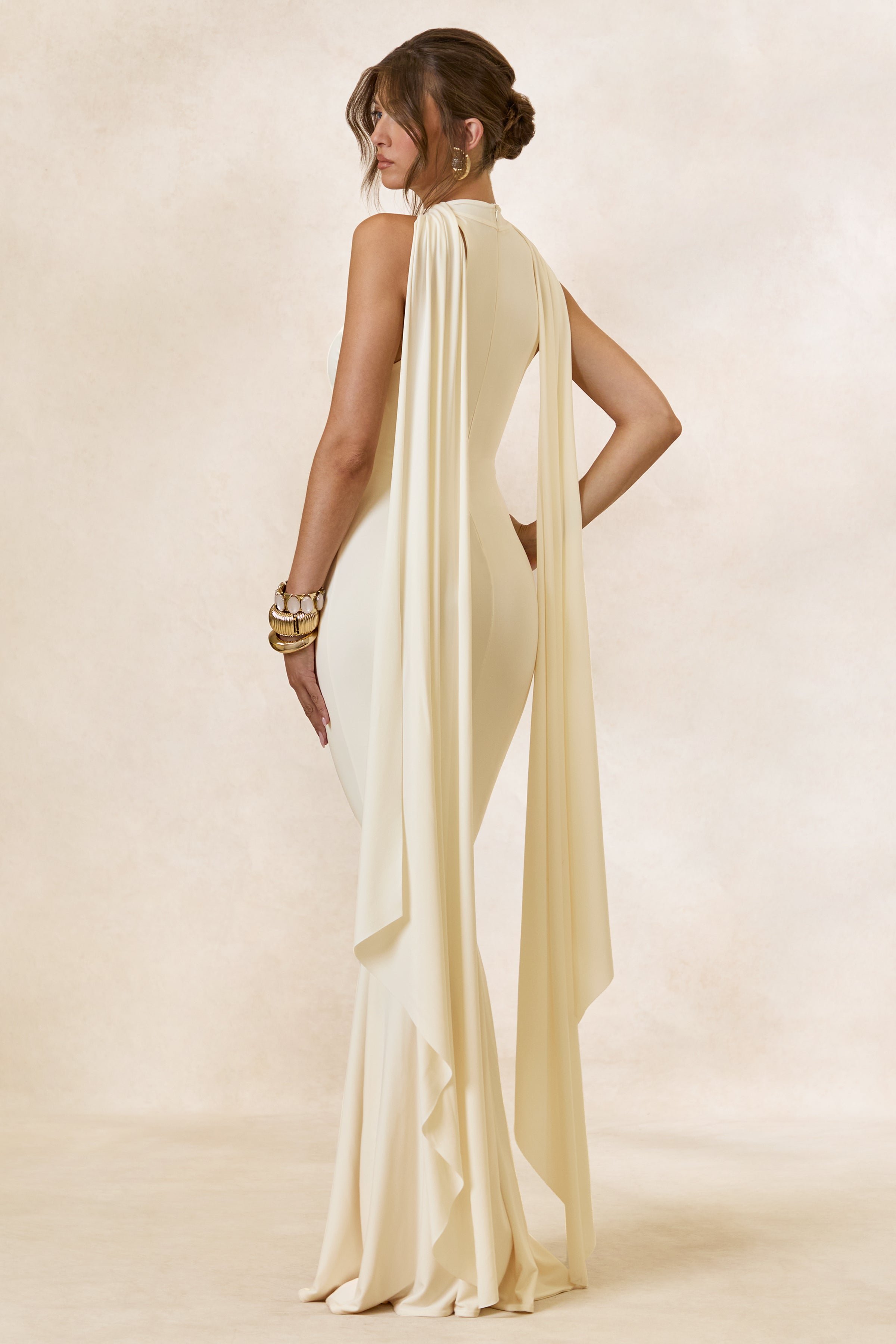 Cordy | Cream High-Neck Maxi Dress With Cape