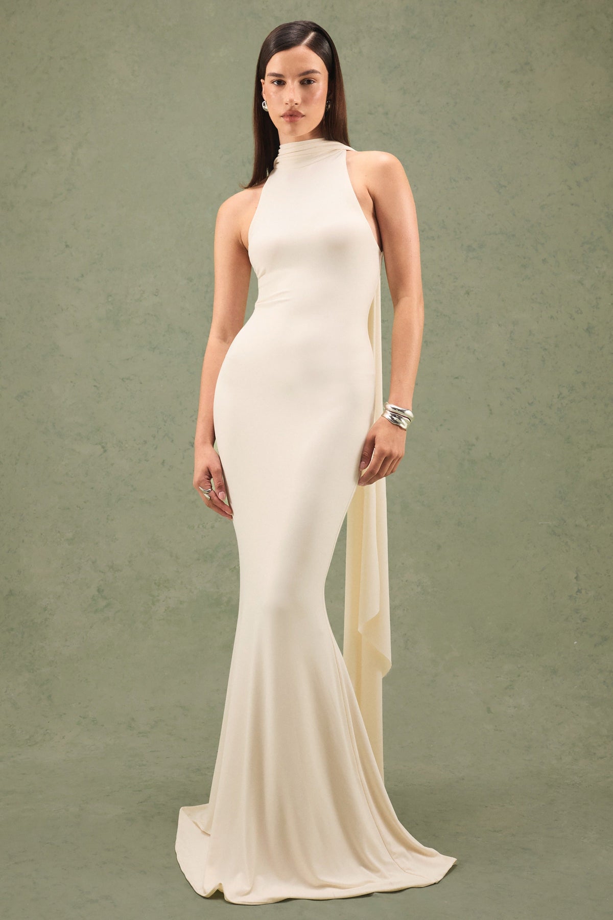 Cordy | Cream High-Neck Maxi Dress With Cape