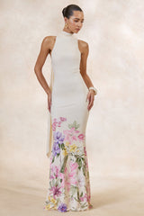 Cordy | Cream Floral Print High-Neck Maxi Dress With Cape