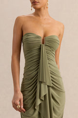 Chloe | Olive Bandeau Maxi Dress With Ruffled Detailing