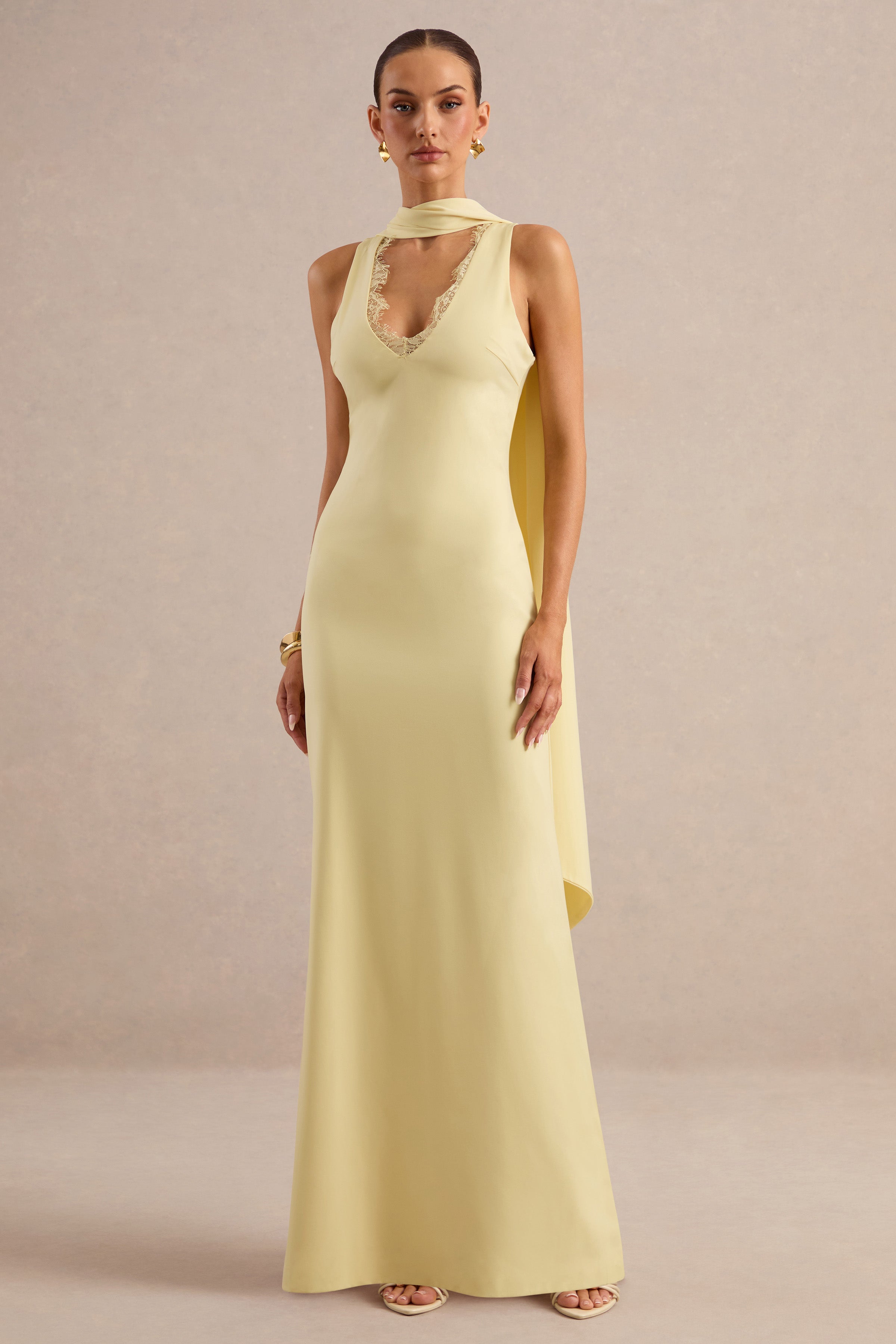 True Icon | Lemon Satin High-Neck Maxi Slip Dress With Sash