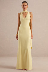 True Icon | Lemon Satin High-Neck Maxi Slip Dress With Sash