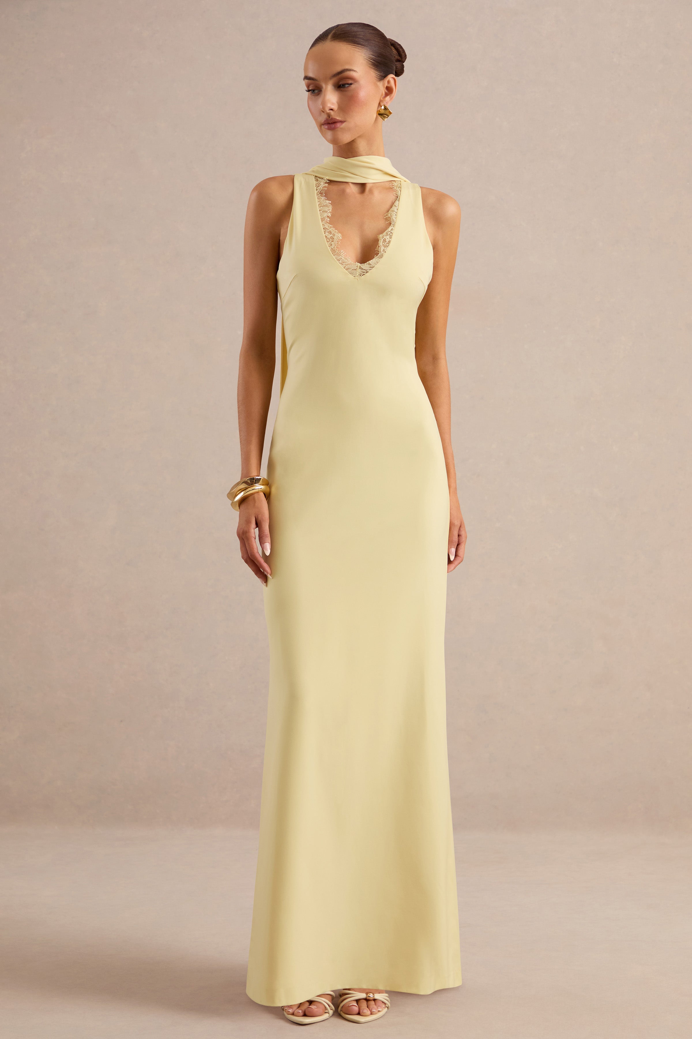 True Icon | Lemon Satin High-Neck Maxi Slip Dress With Sash