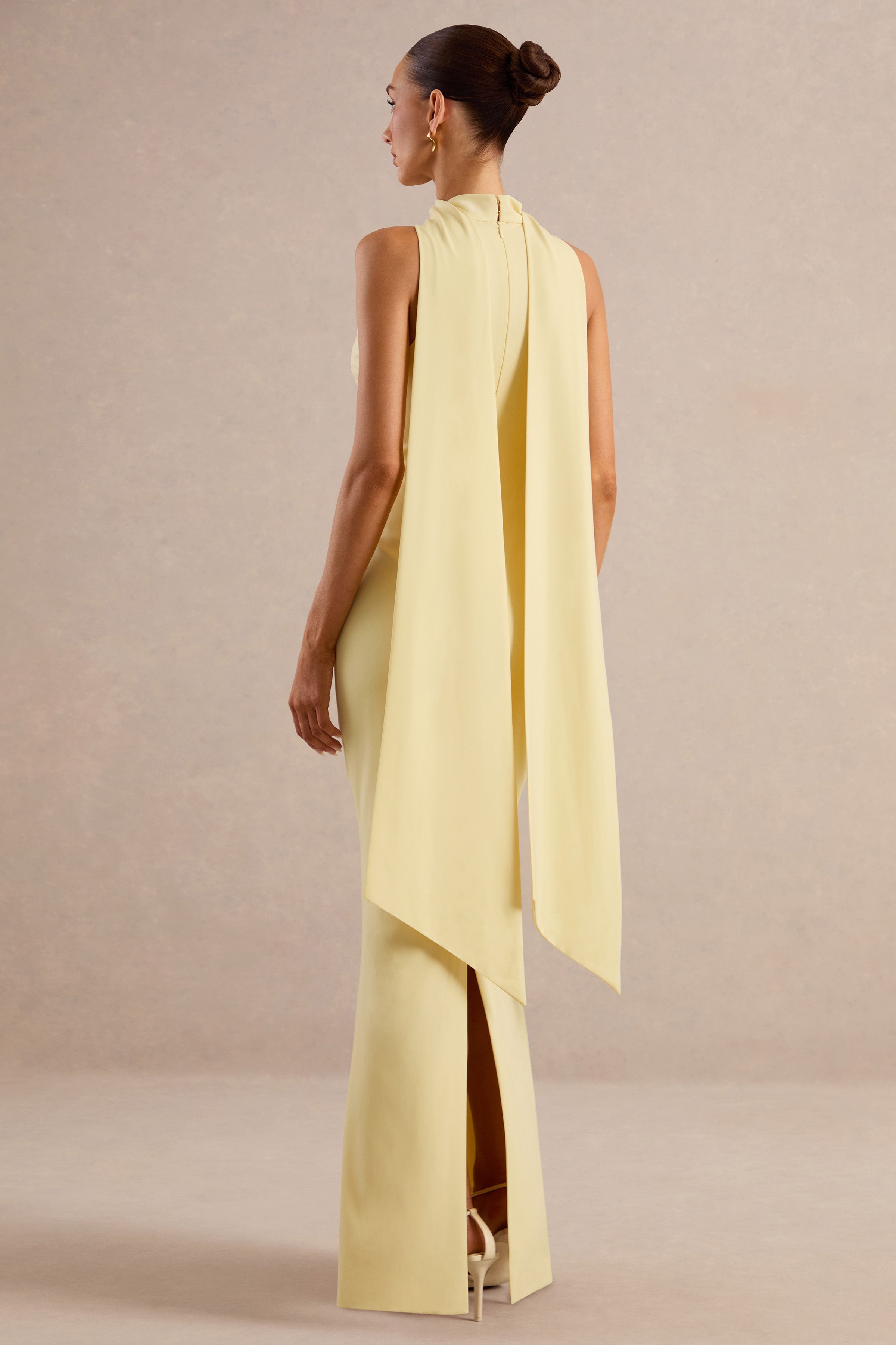 True Icon | Lemon Satin High-Neck Maxi Slip Dress With Sash