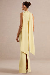 True Icon | Lemon Satin High-Neck Maxi Slip Dress With Sash