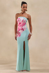 Lumia | Sage And Pink Placement Print Bandeau Maxi Dress