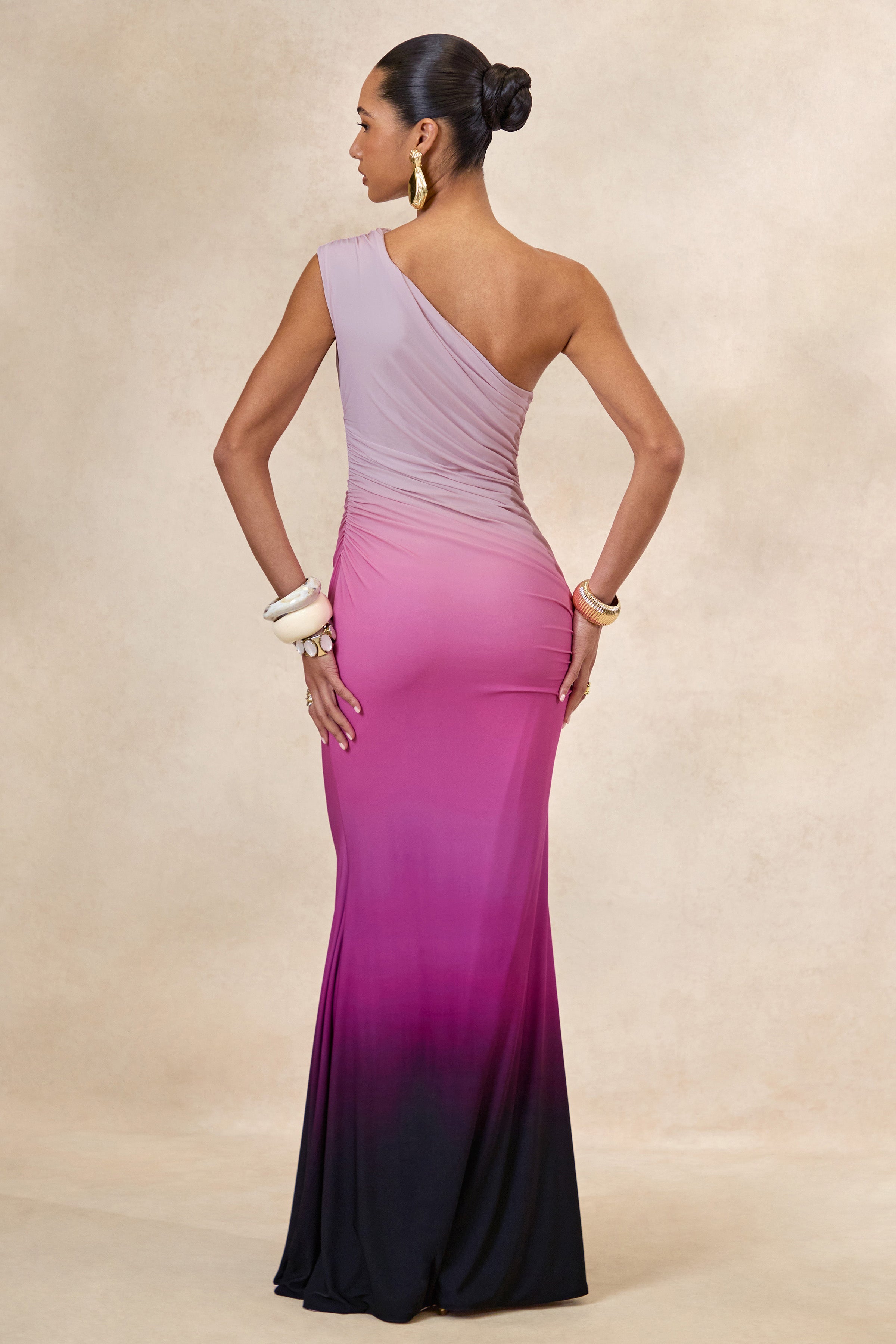 Lauretta | Pink Ombre Asymmetric Maxi Dress With Ruching