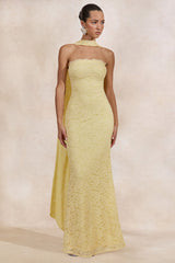 Massima | Lemon Lace Bandeau Maxi Dress With Scarf-Detail