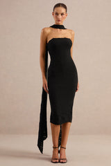 Rosaria | Black Lace Bandeau Midi Dress With Scarf-Detail