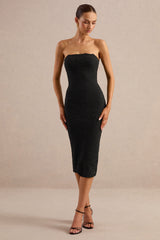 Rosaria | Black Lace Bandeau Midi Dress With Scarf-Detail