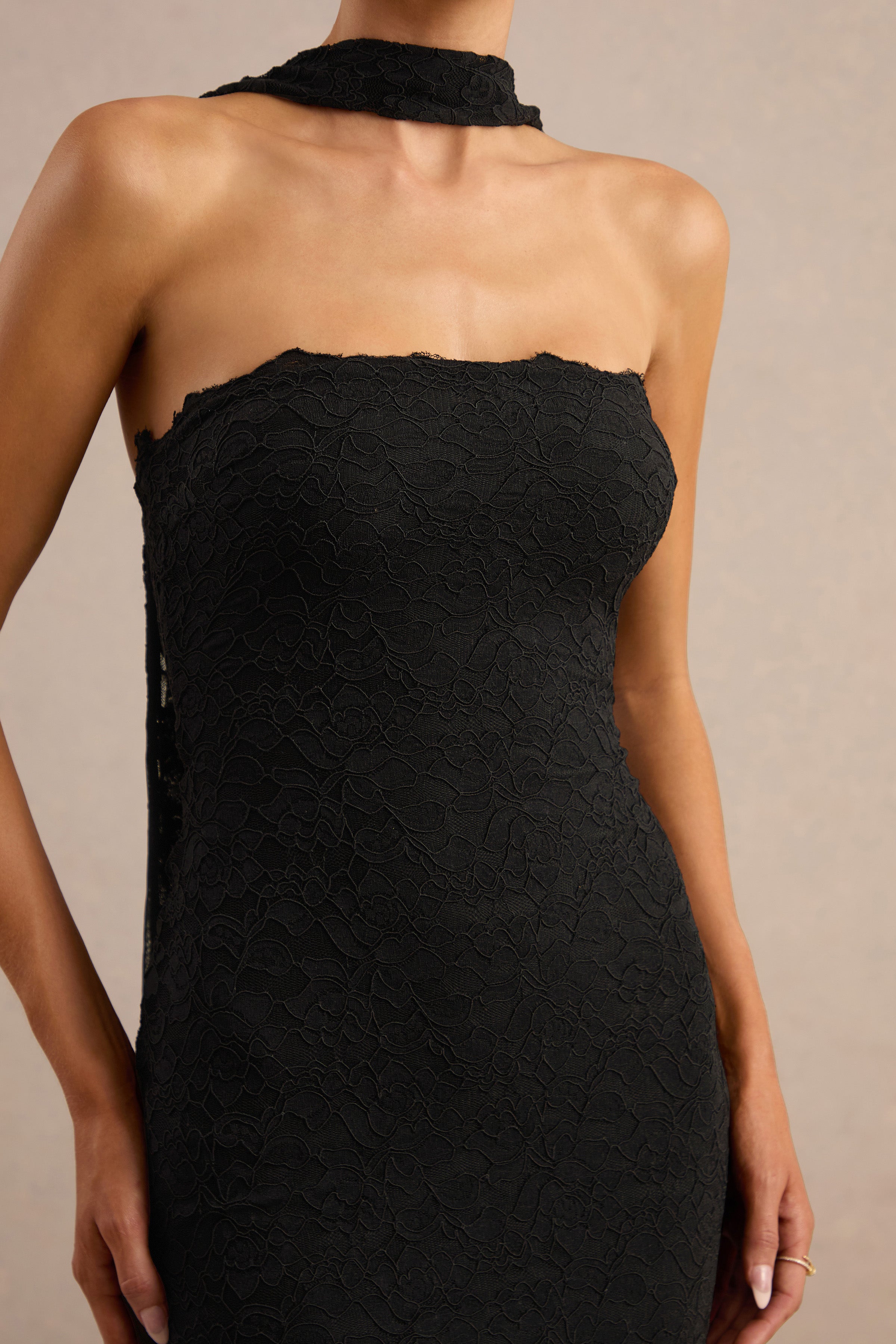 Rosaria | Black Lace Bandeau Midi Dress With Scarf-Detail
