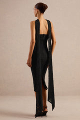 Rosaria | Black Lace Bandeau Midi Dress With Scarf-Detail