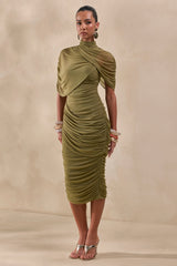 Fleurise | Olive Mesh High-Neck Midi Dress With Short Cape-Sleeves And Gathered-Detailing