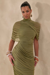 Fleurise | Olive Mesh High-Neck Midi Dress With Short Cape-Sleeves And Gathered-Detailing