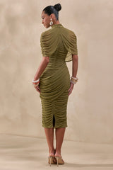 Fleurise | Olive Mesh High-Neck Midi Dress With Short Cape-Sleeves And Gathered-Detailing